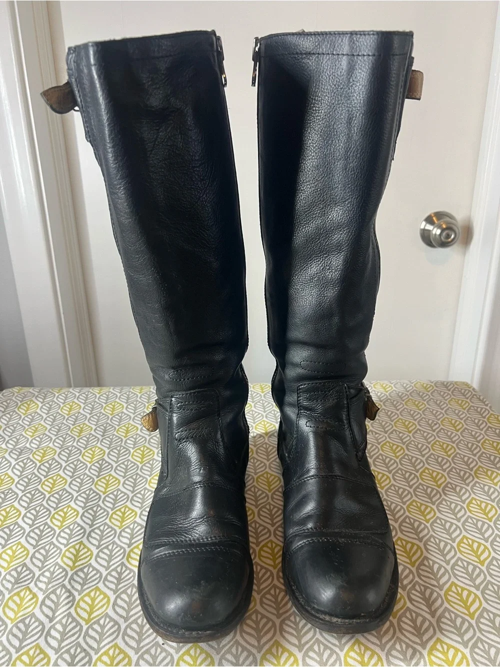Sendra Black Leather Riding Boots with Zipper Detail & Red Accent Trim Sz. 7 1/2